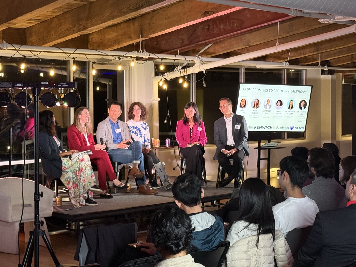 SeaHealthTech panel &lsquo;From Promises to Proof in Healthcare&rsquo; at the AI House, Seattle. From left: Neha Patadia (moderator), Katy Ruckle, Jefferson Lin, Corinne Stroum, Dr. Jennifer Shannon, Dr. Michael Han.